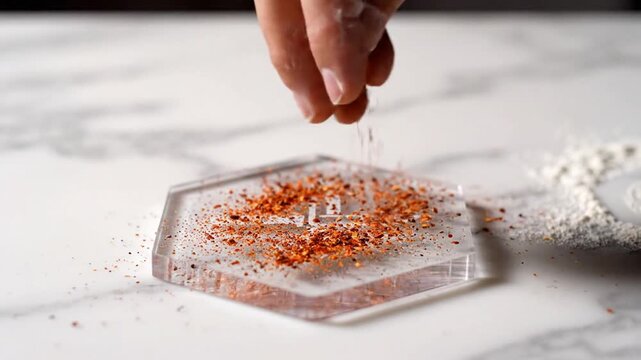 Close-up of a hand sprinkling spices onto a clear, hexagonal dish on a white marble surface, preparing for cooking.