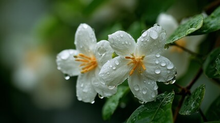 Fototapeta premium Fresh White Flowers with Raindrops on Green Leaves in a Lush Garden Setting, Capturing Nature's Beauty and Delicate Details of Spring Bloom