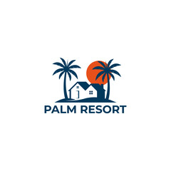 Modern minimalist tropical resort vector logo with deep blue house, palm trees, and orange sun