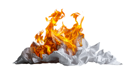 Crumpled paper on fire, symbolizing destruction or transformation, ideal for concepts of elimination or new beginnings in graphic projects.