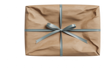Wrapped gift with gray ribbon isolated on a transparent background brown paper