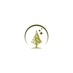 Modern olive green pine tree vector emblem within a dark green curved arc with three star shapes