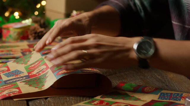 Person cutting colorful Christmas wrapping paper on a table with gifts.