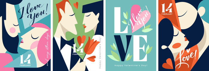 Stylized poster depicting love and joyful celebration for 14 February, Modern collage featuring romantic couple with geometric and colorful elements