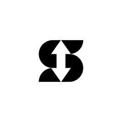 Stylized black s letter vector logo design with upward and downward arrows in negative space, modern abstract symbol