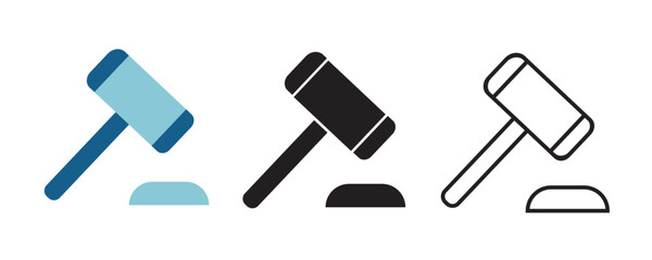 Vector auction gavel icon in flat color, solid black and outline style. Symbol of law, justice, court decision, business agreement, legal service and professional corporate concept