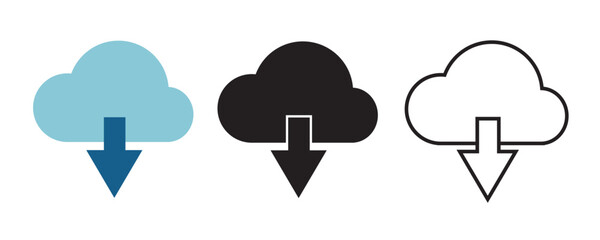 Obraz premium Cloud download vector icon in flat, solid and outline design. Represents data storage, cloud computing, file transfer, backup, digital business and modern technology solutions.