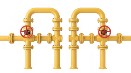 Yellow industrial pipes with red valves isolated on a transparent background 1