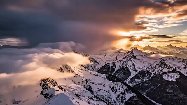 A dramatic time-lapse of fast-moving clouds forming dynamic patterns above snow-covered peaks with shifting natural light.