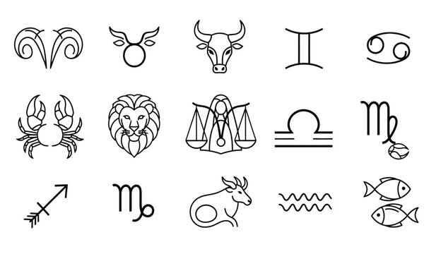 a collection of black and white line art illustrations depicting all twelve zodiac signs including aries taurus gemini cancer leo virgo libra scorpio sagittarius