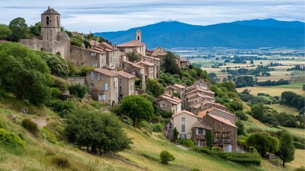 Fototapeta premium Nestled among rolling hills, the stunning French countryside reveals a quaint village where locals enjoy a grand cassoulet. Lush greenery and breathtaking landscapes surround the scene