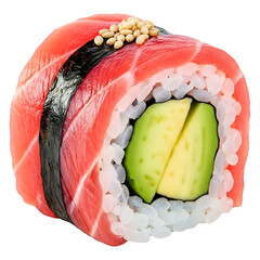 Delicious sushi roll with salmon and avocado isolated on a transparent background