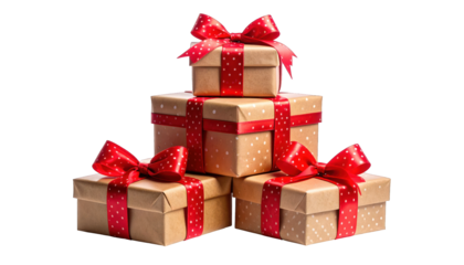 Stack of five wrapped presents with red bows on a black background