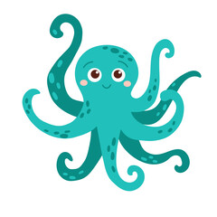 Blue octopus illustration with a cute and friendly design. Simple cartoon style with rounded tentacles and expressive eyes. Vector illustration isolated on white background.
