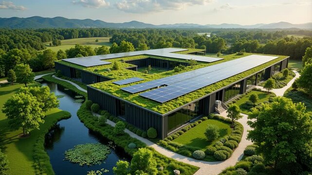 Modern green data center complex with natural landscaping and solar panels