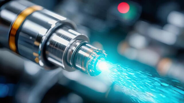 Industrial fuel injection nozzle spraying high-pressure stream, futuristic automotive and engineering technology concept
