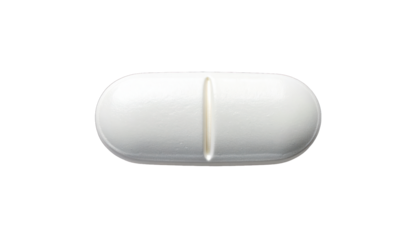 White, oblong tablet, bisected by a score, isolated on black background