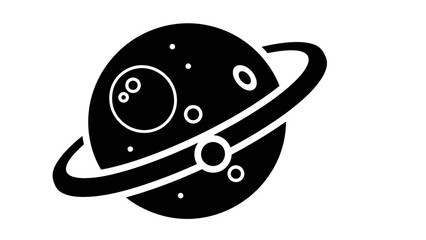Minimalist Black and White Illustration of a Planet with Ring System and Orbiting Moons in Space © parlan