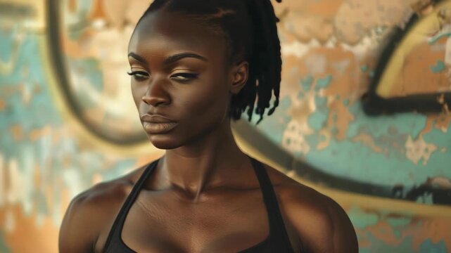 Woman with braided hair and athletic build stands confidently against graffiti wall, ready for challenge.