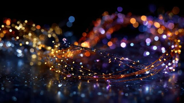 Abstract bokeh lights from string lights in warm and cool tones on reflective surface