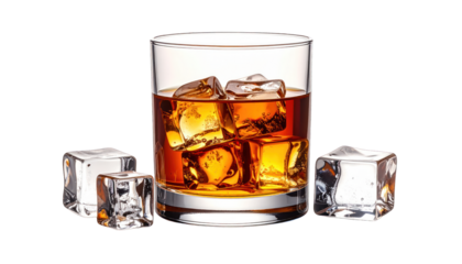 Glass tumbler filled with amber liquid & ice cubes, surrounded by additional ice