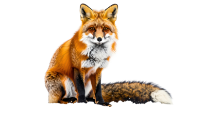 An alert, seated fox with red fur, white chest, and a bushy tail against black