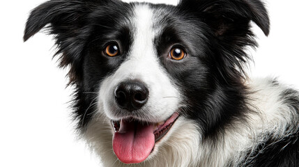 Fototapeta premium Close up portrait of a happy Border Collie dog with tongue out panting, perfect for pet care and animal themes, ideal for marketing pet products and services.
