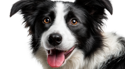 Close up portrait of a happy Border Collie dog with tongue out panting, perfect for pet care and animal themes, ideal for marketing pet products and services.