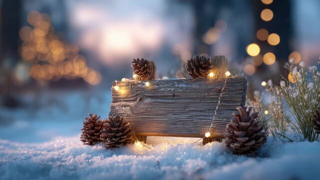 Wooden crate with pinecones and glowing string lights nestled in snow soft bokeh background