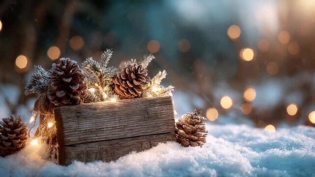 Rustic wooden sign adorned with pinecones and warm fairy lights in snowy winter forest