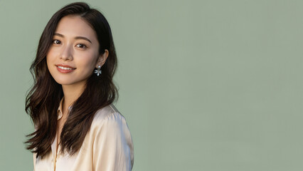 Fototapeta premium 淡いベージュのトップスを着た美しい女性が、黒髪ロングのゆる巻きで斜めに振り返り視線を向ける