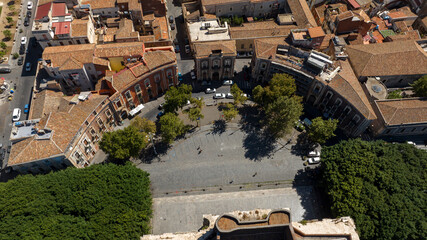 Aerial view of Piazza Dante, located in the historic center of Catania, Sicily, Italy. It is a semicircular city square.  © Stefano Tammaro