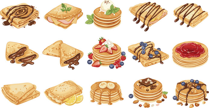 Collection of delicious sweet and savory pancakes and crepes with toppings like fruit, chocolate, and syrup, isolated flat vector illustration set