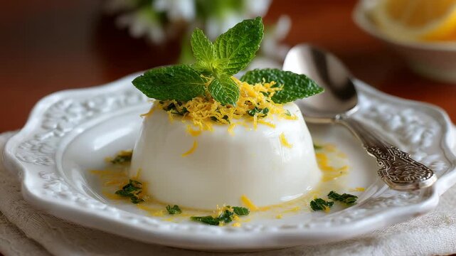 Creamy white dessert garnished with fresh mint and citrus zest on a decorative plate