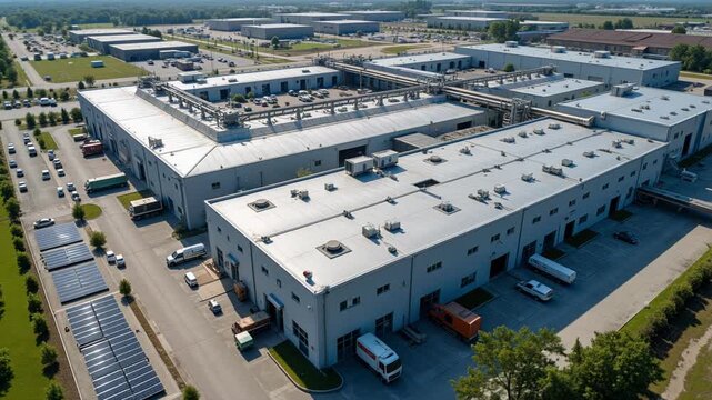 High altitude drone captures industrial complex with data processing facilities