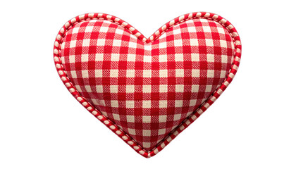 A puffy, gingham red and white heart-shaped cushion with a rope border