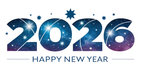 A New Year’s greeting set against a png white background, year ‘2026’ in celestial galaxy texture of midnight blue.