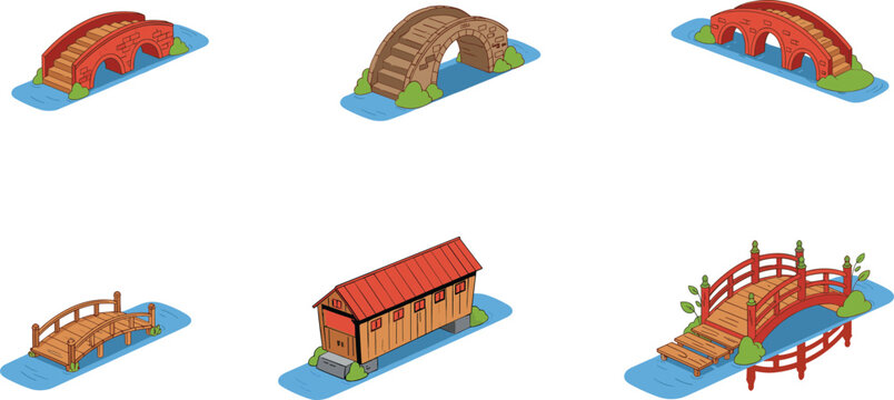Set of six isometric bridges including stone arch, wooden footbridge, covered bridge and garden styles over water, isolated flat vector illustration collection