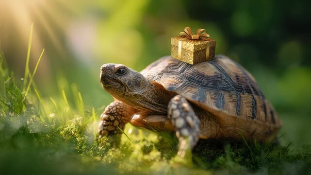 A tortoise carries a sparkling gold gift box on its shell amidst lush green grass