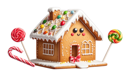 Adorable gingerbread house with candy details, lollipops, and candy cane accents