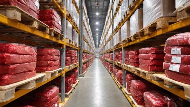 Warehouse Inventory: Long rows of organized shelving units in a warehouse, stacked with inventory, symbolizing logistics and storage. The structure conveys efficiency and scale.
