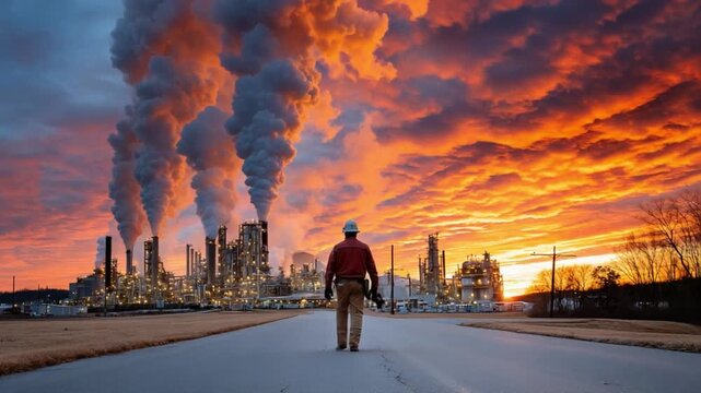 Industry and Environmental Reflection: An individual stands at the forefront, observing a sprawling industrial complex enveloped in billowing smoke under a fiery sunset.