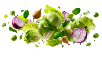 Fresh whole and halved vegetables like cabbage onions and Brussels sprouts are artfully arranged and captured in motion with green basil leaves and peppercorns suggesting vibrant healthy