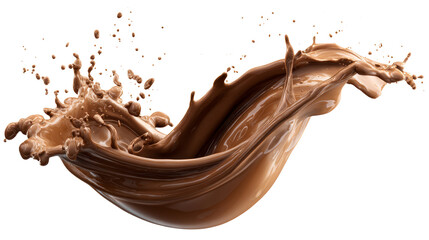 Molten chocolate splash with droplets frozen in motion, ideal for food advertising, confectionery branding, and dessert promotions with dynamic liquid flow.