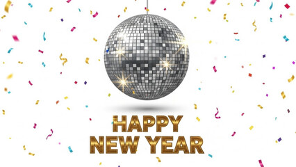 Realistic New Year Disco Ball with Silver Reflections, Confetti, and Happy New Year Gold Text Vector Illustration