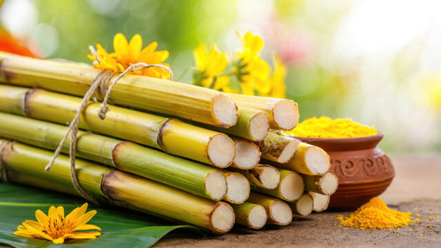 Stack of fresh sugarcane with turmeric and flowers for Pongal celebration, festive harvest decoration, traditional South Indian offering, vibrant Sankranti background, karumbu and manjal setup