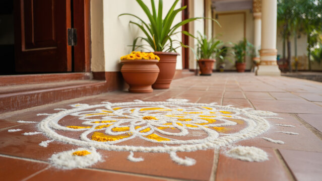 Traditional white and yellow kolam design on entrance floor for Pongal celebration, South Indian home decor with clay pots and marigold flowers, festive Thai Sankranti preparation