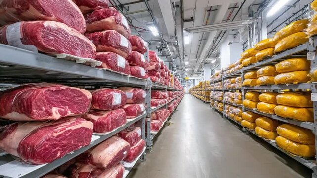 Meat and Cheese Cold Storage: Rows of meticulously arranged raw meat and stacked cheese wheels fill a expansive cold storage, showcasing the meticulous process of food preservation and distribution. 