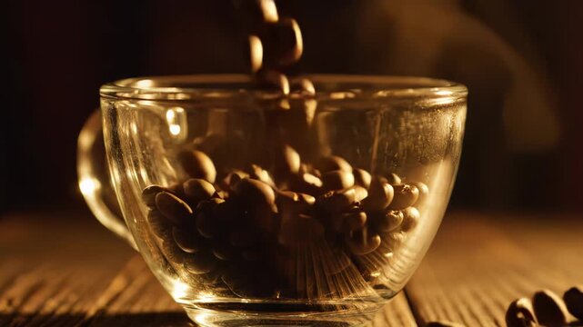 beans of coffee falling in a mug