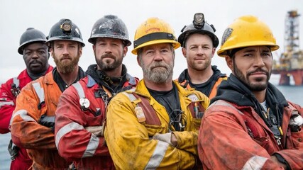 Steel-Willed Professionals: A sturdy group of skilled workers, clad in professional safety gear, stare directly into the camera. Representing the dedication and expertise of this industrial field.
